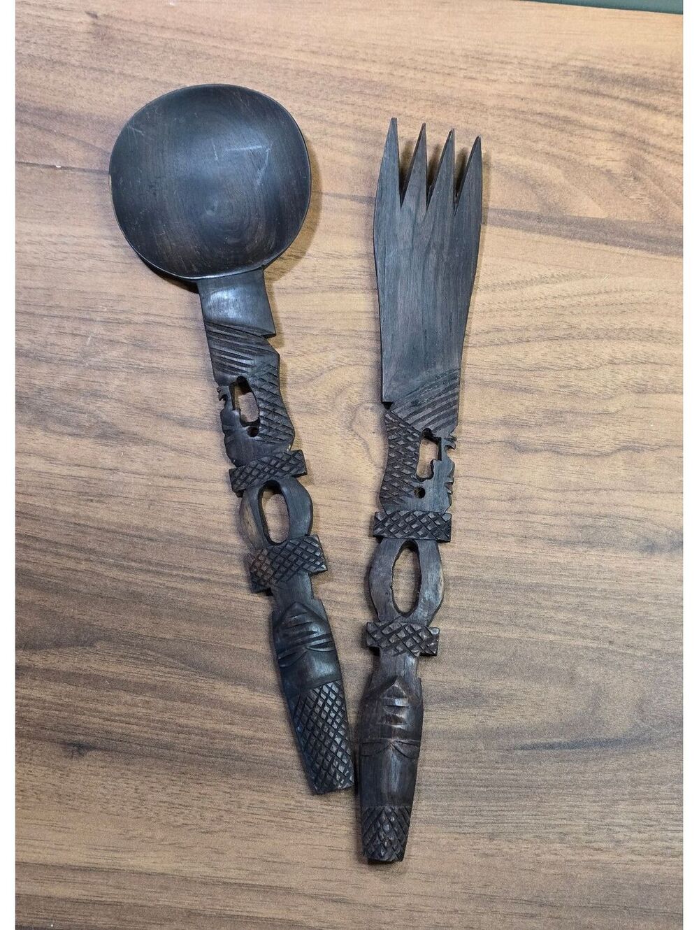 Hand Carved Wooden Salad Serving Set - Spoon and Fork
